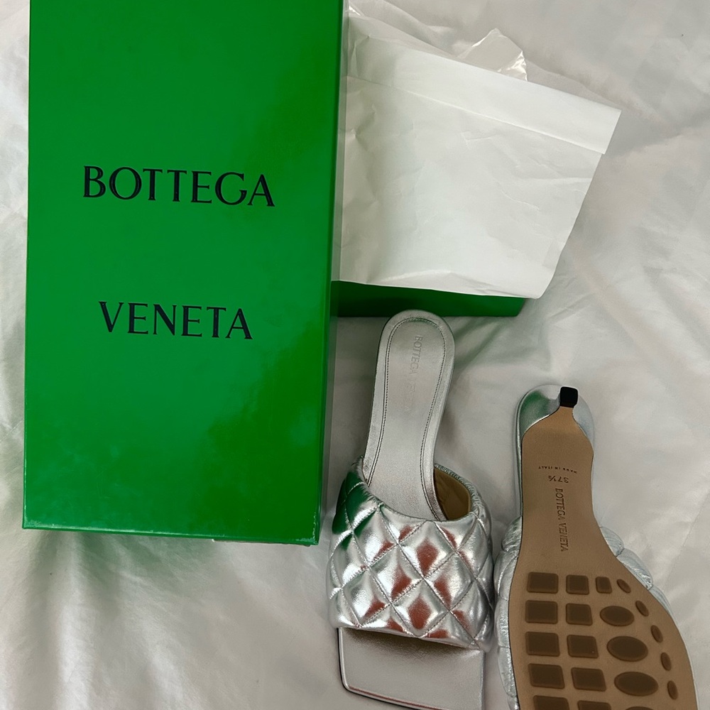 Bottega Veneta Silver Quilted Mules NWT